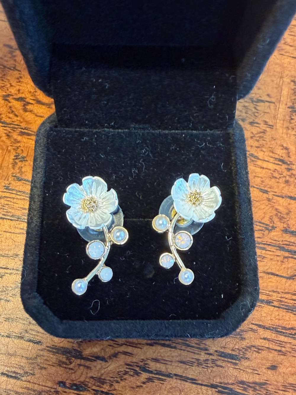 Pastel Flower Pearl Ear Climbers Gold Tone Earrings